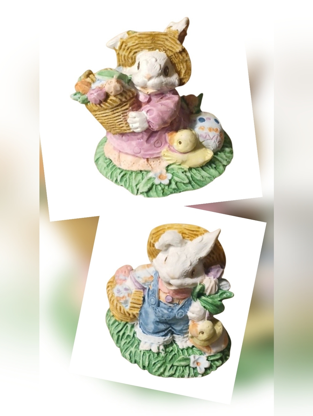 Hand-Painted Easter Bunny Figurine Set with Basket and Chick